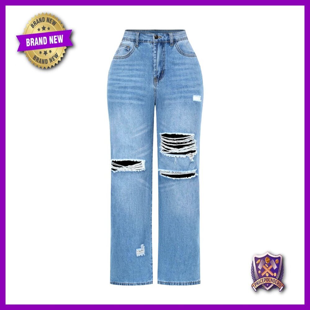 High Waisted Wide Leg Jeans Stretchy Distressed Denim Pants